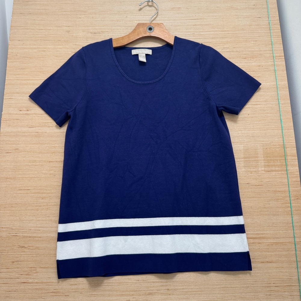 Banana Republic Womens Navy Blue White Striped Hem Scoop‎ Neck Knit Top Medium